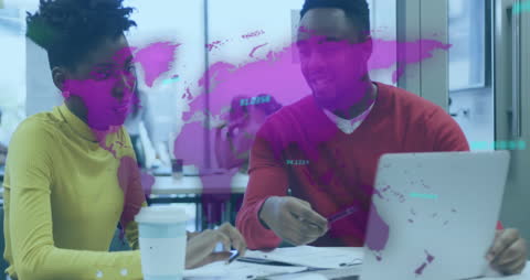 Global Collaboration in Office with Digital World Map Overlay