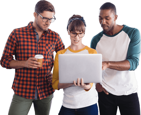 Diverse team collaborating on project while using laptop with transparent background