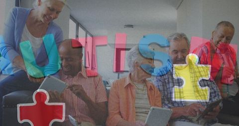 Senior adults engaging with technology promoting autism awareness