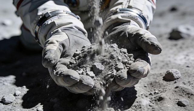 Gloved astronaut sifting lunar regolith through fingers on moon terrain close-up study