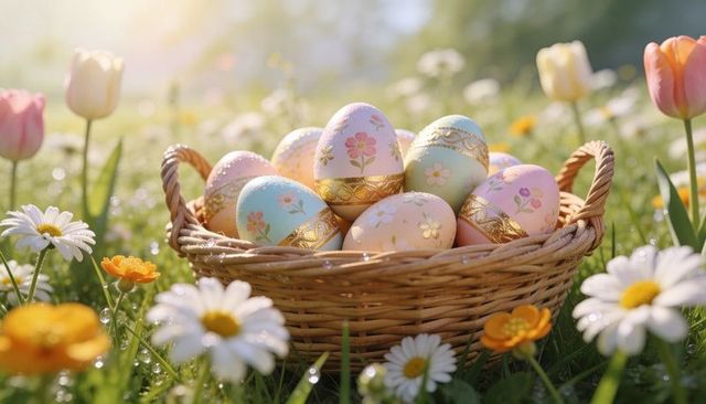 Sunlit pastel easter eggs in wicker basket on dewy meadow with daisies and tulips