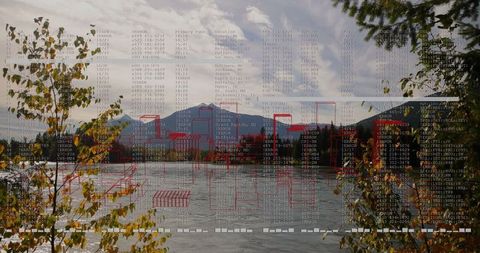 Digital Data Lakeside Reflection with Mountain Backdrop