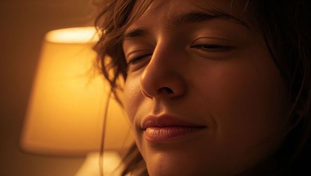 Smiling woman relaxing in amber lamp glow closeup portrait conveying calm intimacy