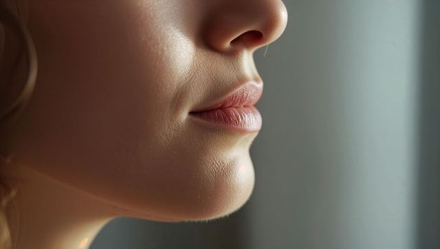 Close-up profile of female lips and chin showing skin texture, pores and hoop earring