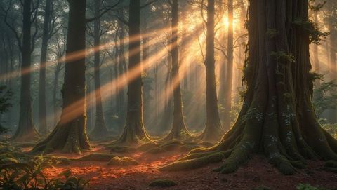 Serene forest glade with sunbeams illuminating trees