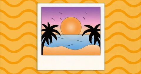 Polaroid Illustration of Tropical Sunset Beach with Palm Trees
