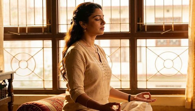 Indian woman practicing meditation on cushion by sunlit mullioned window in beige kurta