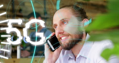 Caucasian Man Engaging in Smartphone Call with 5G Technology Overlay