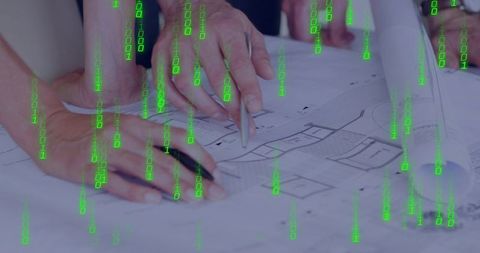 Collaborating on blueprints with digital binary overlay for smart building design