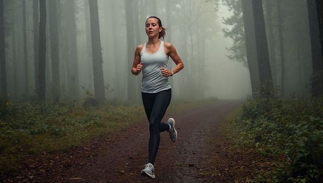 Trail running woman wearing fitness tracker in misty pine forest, healthy lifestyle