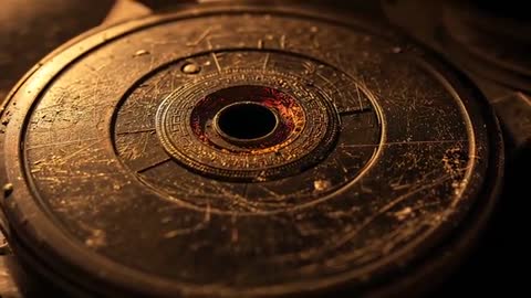Antique Metal Disc with Torch-Illuminated Texture in Dim Chamber