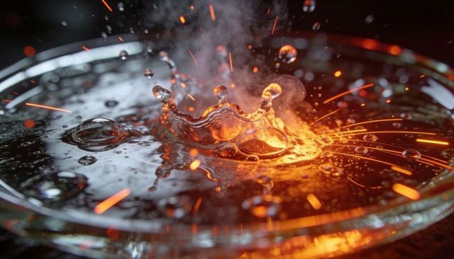 Molten orange droplet splash forming crown with glowing sparks on glass surface macro