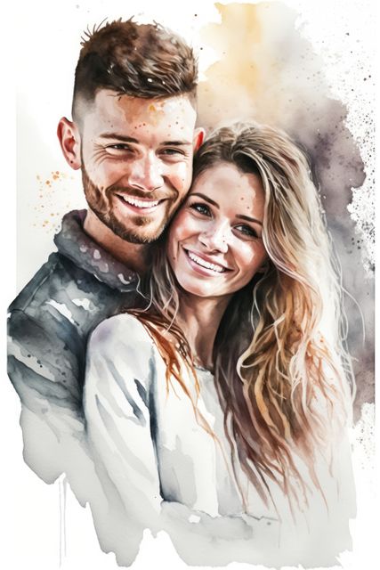 Artwork of a smiling couple embracing, rendered in a watercolor style. Perfect for greeting cards, romantic themes, wall art, or any love-related creative project.
