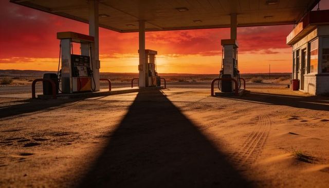 Desert gas station at sunset casting long shadows across sandy forecourt and empty pumps