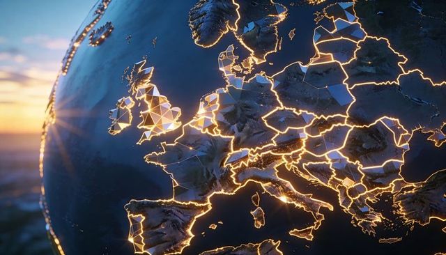 Rotating 3d globe europe at sunset tracing glowing golden borders with polygonal mesh