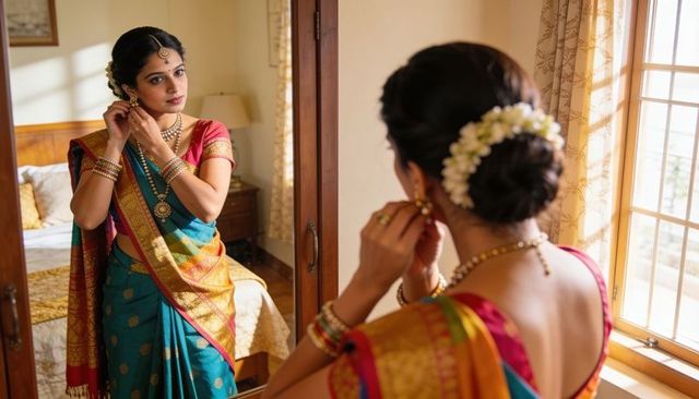 Indian bride getting ready adjusting earrings before mirror in teal silk saree with gold jewelry