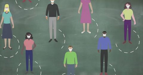 Illustrated people wearing masks for social distancing on chalkboard