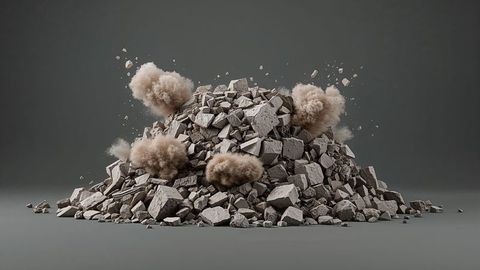 Exploding rubble pile with dynamic dust clouds