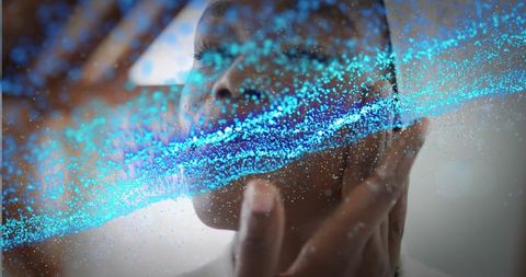 Futuristic Digital Wave Analyzing Woman’s Skin in Laboratory