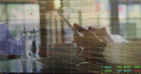 Man tapping smartphone in cafe with coffee cup and layered stock market charts overlay