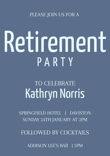 This elegant retirement party invitation features clean and sophisticated typography against a solid color background, providing all essential event details. Ideal for celebrating career milestones, this refined template can be used by individuals or companies planning a formal gathering. Perfect for professional retirees.