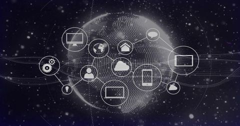 Global digital network connecting devices and cloud over futuristic dotted globe