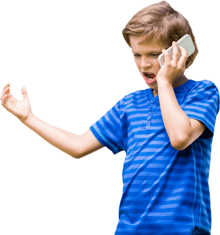 Angry boy talking on transparent smartphone conversation