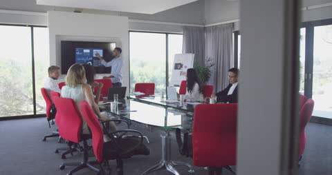 Business Team Executives in Collaborative Meeting with Presentation