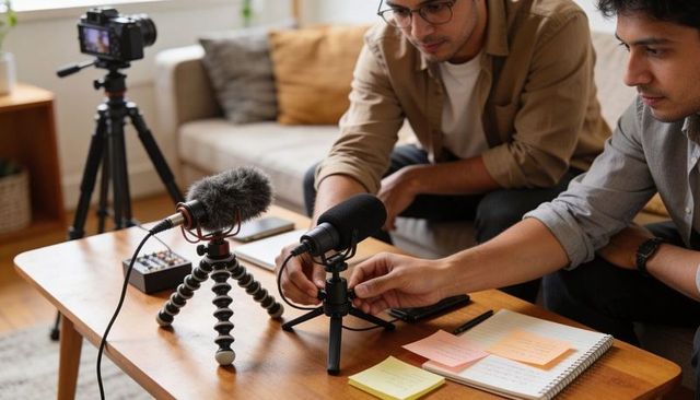 Two Asian Men Preparing Podcast Gear in Cozy Living Room Recording Session Hands-On Setup