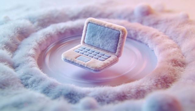 Floating furry laptop hovering over pastel spiral pool, soft tech concept for branding