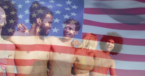 Group of friends enjoying sunny beach with american flag overlay