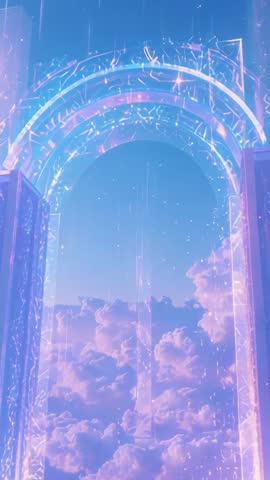 Materializing iridescent arch portal above cloudscape, pulsing beams and drifting sparkles