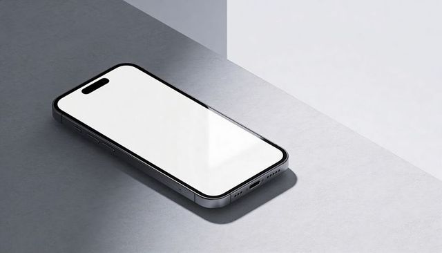 Minimalist smartphone lying on two-tone surface with blank screen and pill camera cutout