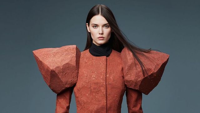 Posing model wearing sculptural rust-red textured coat with dramatic angular shoulders