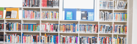 Transparent bookshelf with colorful books in school library