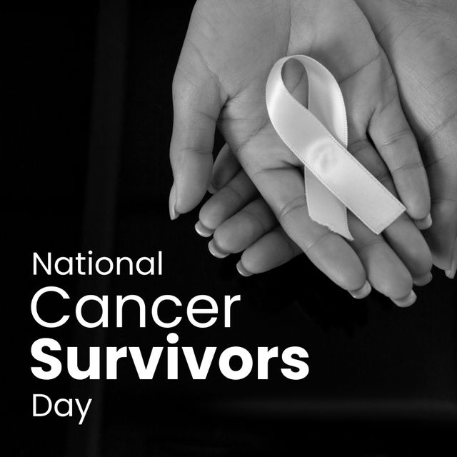 Composition of national cancer survivors day text over hands holding ribbon on black background. Cancer awareness, healthcare and templates concept digitally generated image.