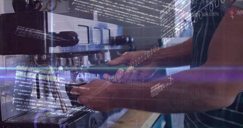 Barista pulling espresso shot with portafilter and code overlay showing digital cafe tech