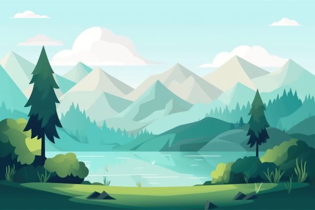 Perfect for serene landscape backgrounds, nature blogs, travel websites, and relaxation posters. This illustration depicts a calm mountain scene with a lake surrounded by pine trees, evoking a sense of tranquility and outdoor beauty.