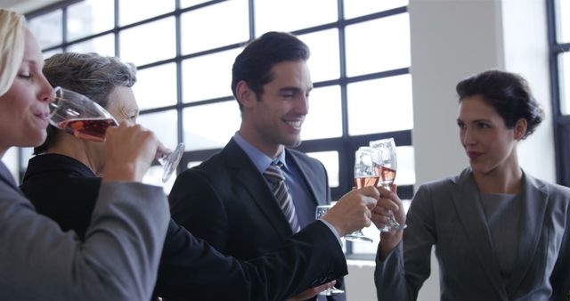 Professionals in business attire are enjoying a toast, with copy space. The group, consisting of Caucasian and diverse individuals, appears to be celebrating a corporate event or success.