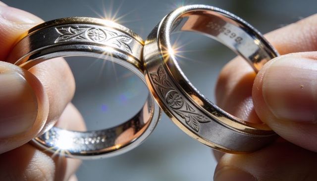 Macro fingertips holding engraved gold wedding bands with starburst light reflections