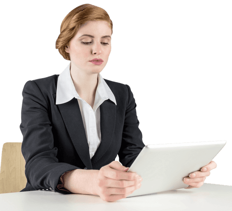 Confident Businesswoman Using Transparent Tablet in Office Attire