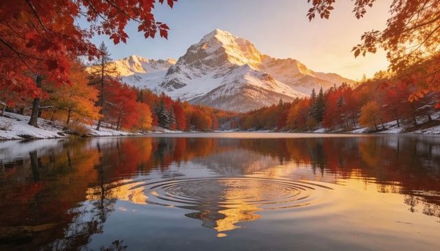 Golden-hour mountain reflecting on alpine lake with autumn foliage and concentric ripples
