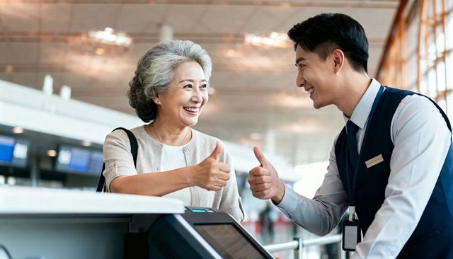 Senior woman smiling and giving thumbs up to airline agent at check-in counter