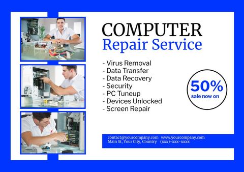Computer Repair Service Ad with Discount Offer and Contact Details - Download Free Stock Templates Pikwizard.com