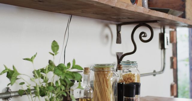 Rustic Kitchen Shelf with Spices and Ingredients - Download Free Stock Images Pikwizard.com