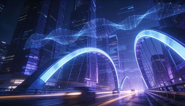 Futuristic neon bridge with light trails and digital wave over wet urban night highway