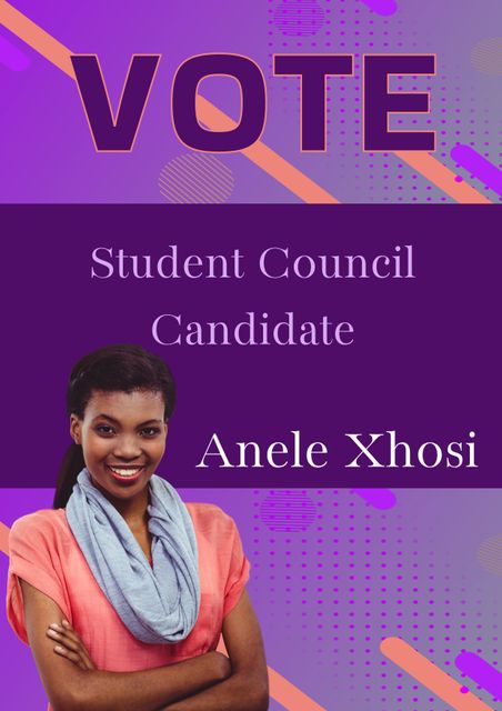 This campaign poster features a confident young biracial woman with arms crossed in a purple-themed background, asking for votes for student council candidacy. Perfect for school election campaigns, promoting leadership qualities, and encouraging student participation in voting.