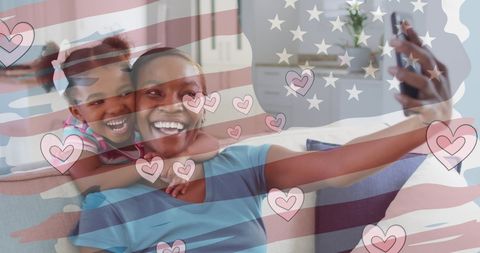 Mother and Daughter Taking Selfie with Patriotic USA Theme