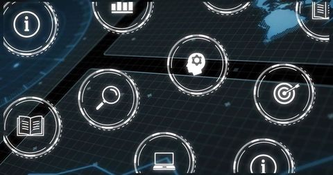 Holographic HUD Interface with Floating Analytics Icons Over Dark 3D Grid Dashboard
