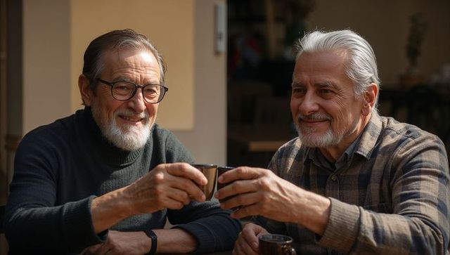 Two senior men toasting coffee mugs, sharing cozy conversation and companionship